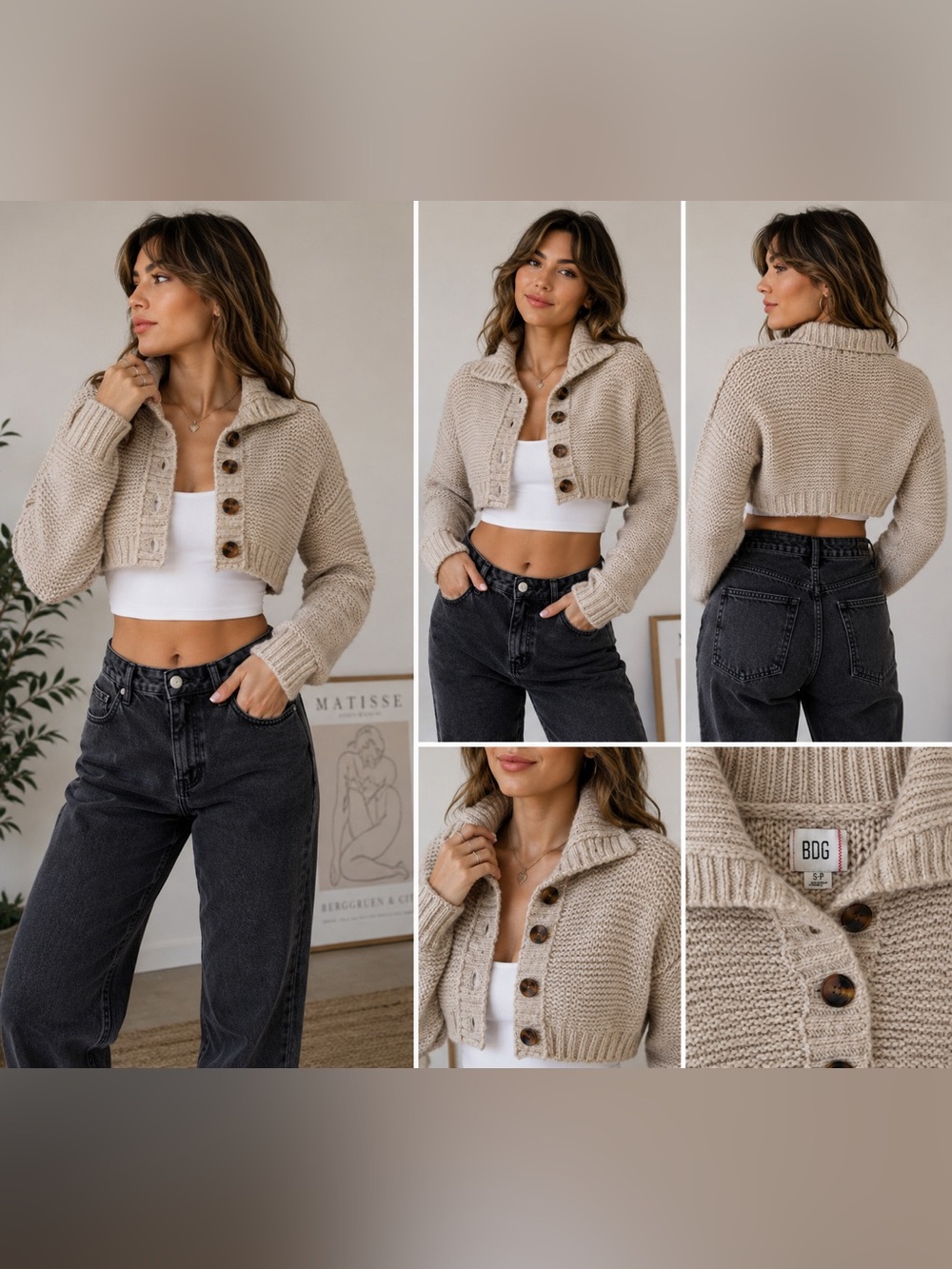 BDG Urban Outfitters Women’s S Petite Cropped Chunky Knit Cardigan Beige